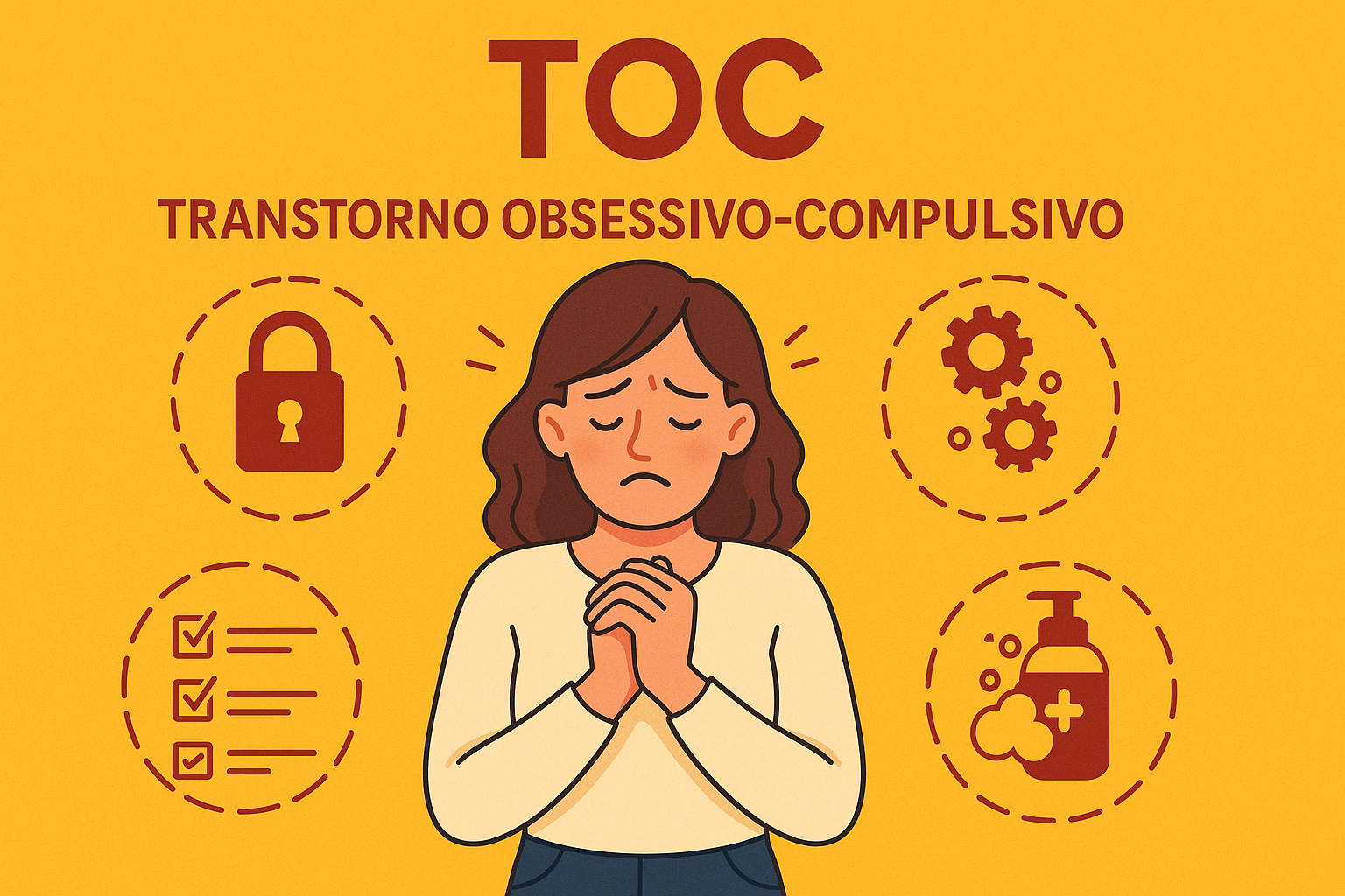TOC: Transtorno Obsessivo-Compulsivo – sintomas e representação gráfica Em representação do Transtorno Obsessivo-Compulsivo, uma ilustração de uma mulher angustiada, de olhos fechados, com as mãos juntos ao peito, rodeada de ícones alusivos a diferentes manifestações do TOC - um cadeado, uma lista de verificação, uma engrenagem e um frasco de desinfeção.