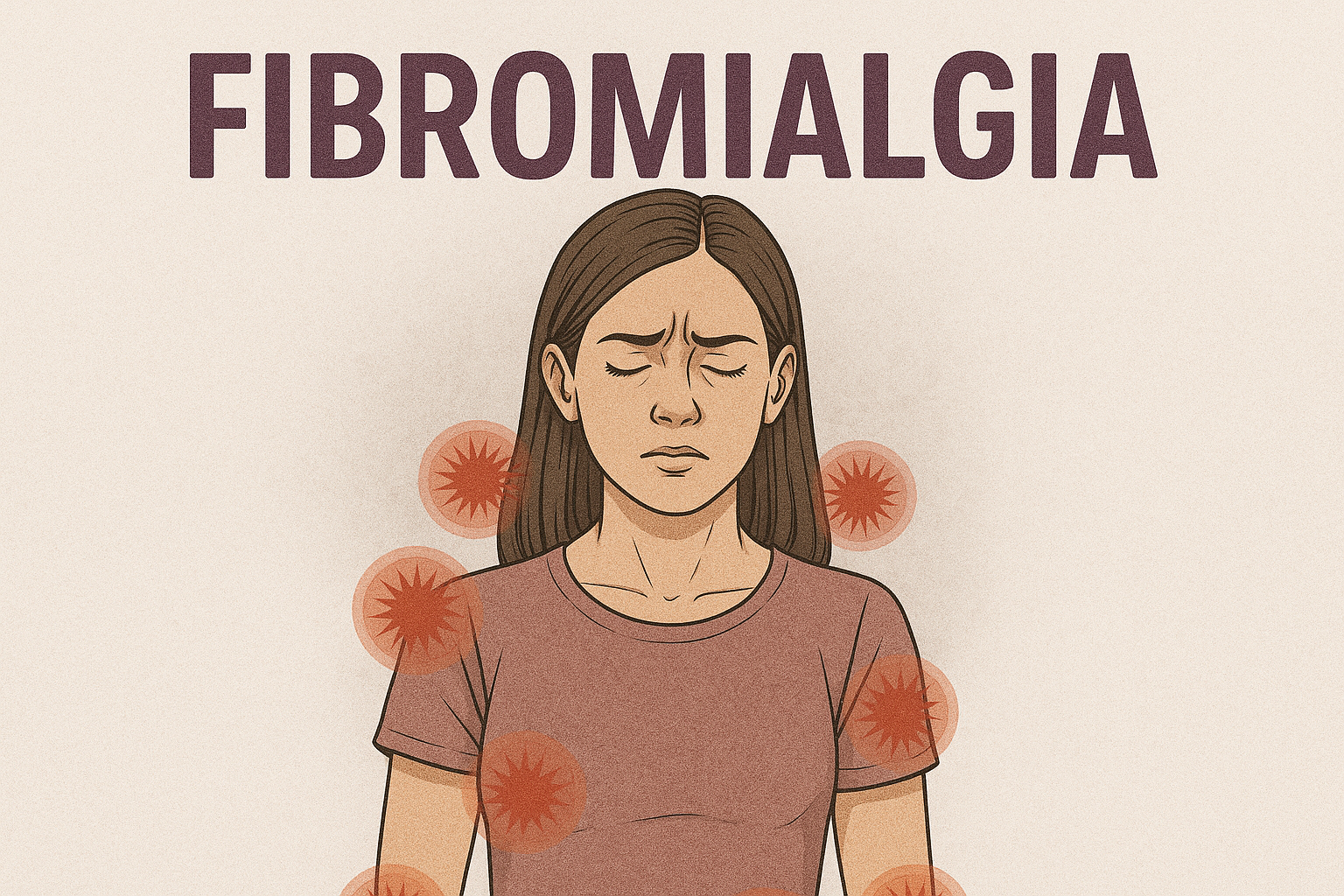 Fibromialgia - Puntos de dolor y síntomas comunes Ilustração educativa sobre fibromialgia, que mostra uma mulher com expressão de desconforto e pontos vermelhos destacados em várias partes do corpo (cabeça, pescoço, ombros e braços) para indicar algumas das áreas comuns de dor desta condição médica