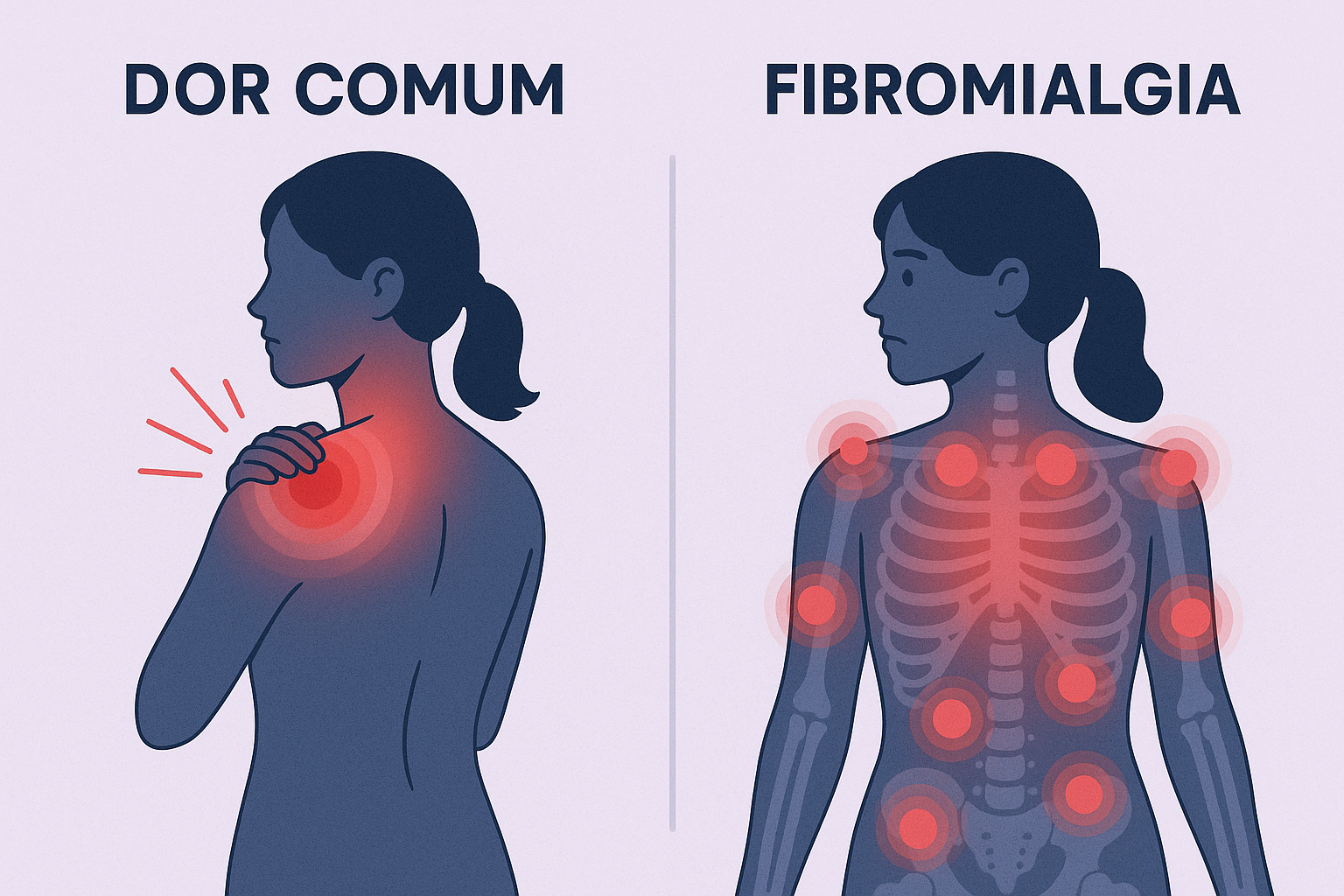 Infográfico comparativo mostrando a diferença entre dor comum e fibromialgia. À esquerda, figura feminina tocando o ombro com área vermelha localizada indicando dor comum pontual. À direita, a mesma figura com múltiplos pontos vermelhos espalhados pelo corpo inteiro, mostrando a dor difusa, generalizada, característica da fibromialgia.