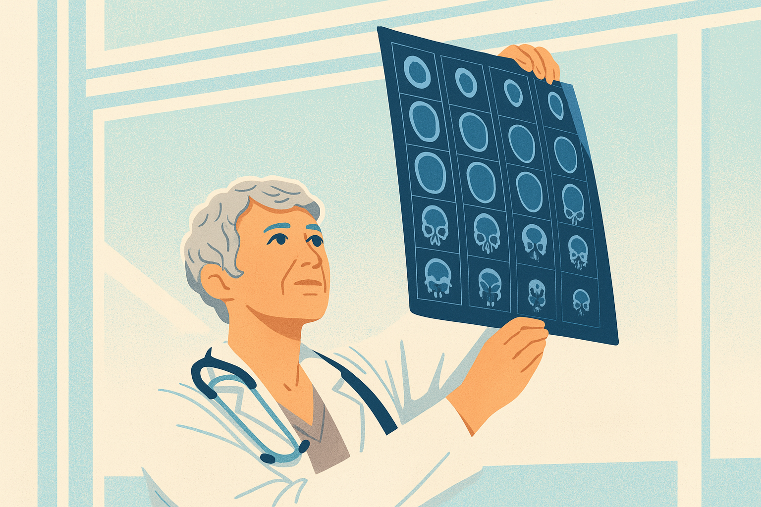 Ilustração de uma médica sénior de cabelo grisalho com estetoscópio a examinar radiografias cerebrais ou tomografias computorizadas num ambiente clínico, representando diagnóstico neurológico.