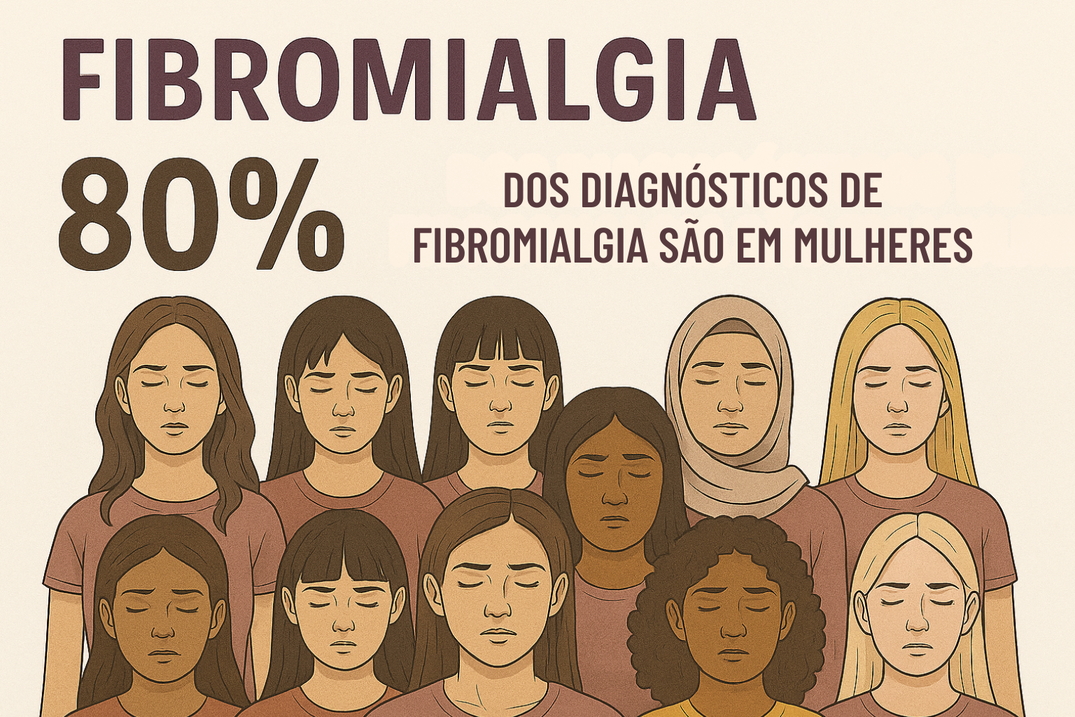 Infográfico sobre fibromialgia mostrando que 80% dos diagnósticos são em mulheres, ilustrado com desenhos de dez mulheres diversas com expressões de desconforto, representando diferentes etnias e idades