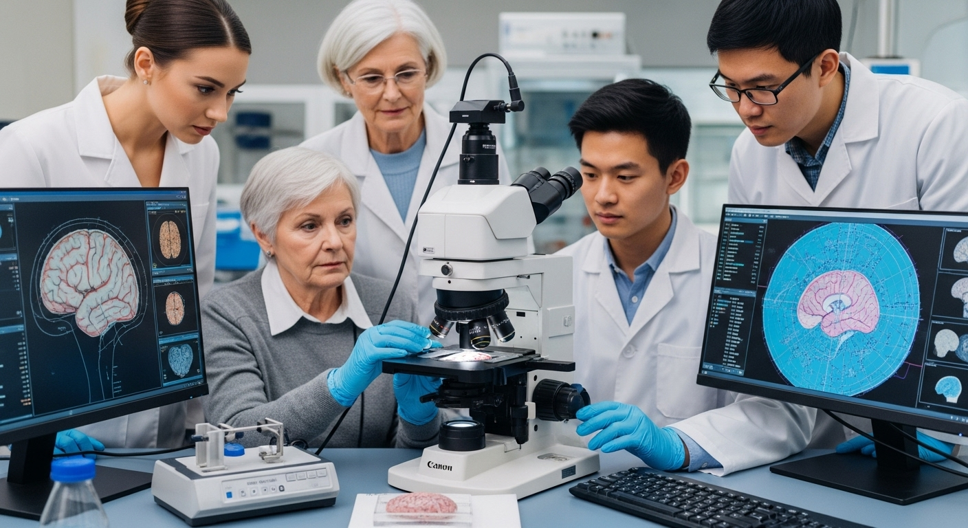 Equipa de investigadores médicos em laboratório moderno a analisar neuroimagem, imagens cerebrais em monitores, com microscópio e equipamentos científicos, incluindo profissionais de diferentes idades a trabalhar em colaboração.