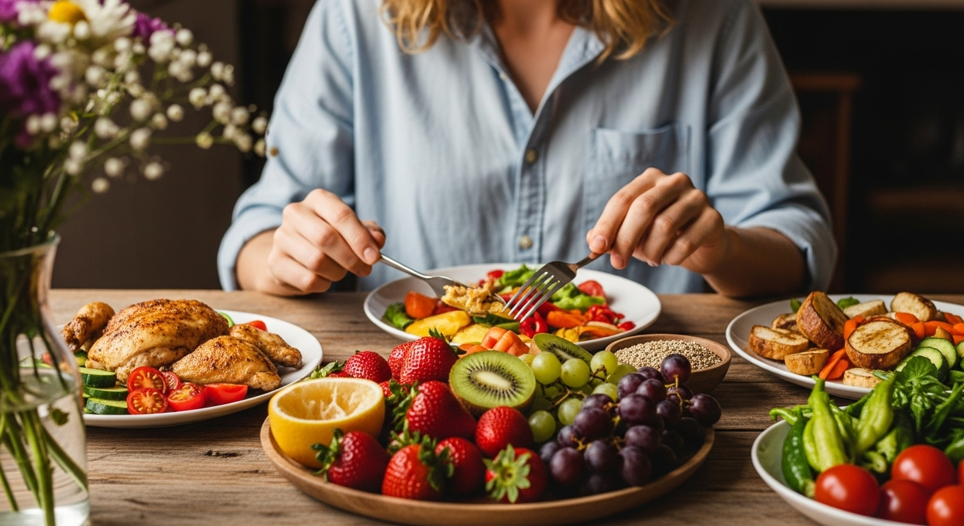 Alimentación sana - Comidas equilibradas con fruta y verdura Mulher a desfrutar de refeição saudável e colorida, com uma grande variedade de frutas frescas, saladas e alimentos nutritivos, dispostos numa mesa de madeira, num ambiente acolhedor