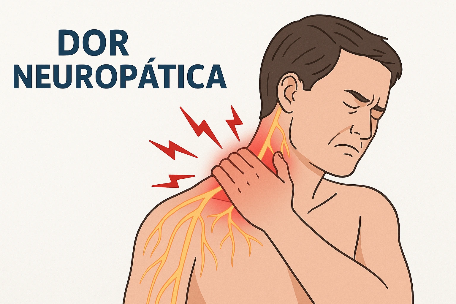 Imagem representativa da Dor Neuropática Ilustração de homem com dor neuropática no pescoço e ombro, mostrando nervos inflamados com raios vermelhos indicando dor
