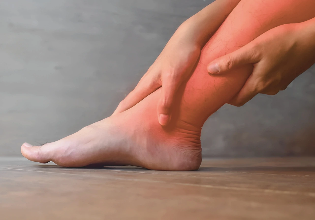 Pessoa com área vermelha destacada, perna e pé, indicando dor neuropática e sensação de queimação