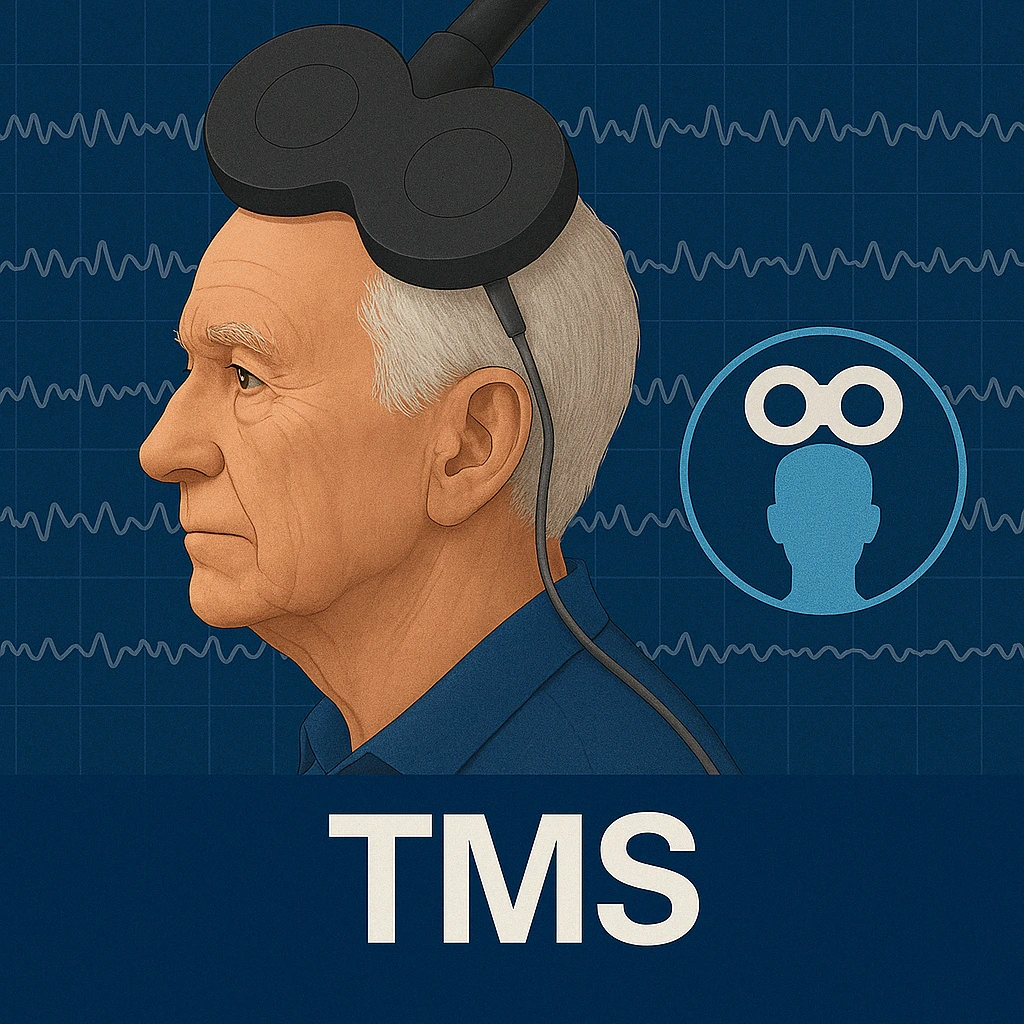 Ilustração terapêutica EMT/TMS - Estimulação Magnética Transcraniana. Um homem, com cerca de 70 anos, a fazer uma sessão de EMT/TMS.