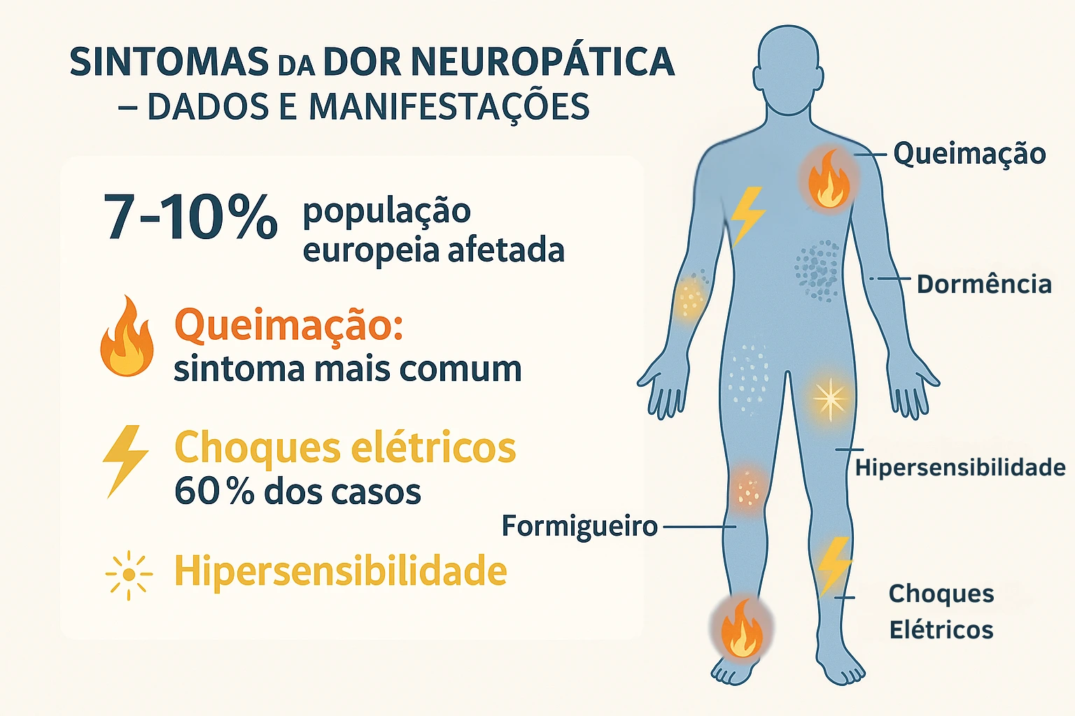 Infográfico com silhueta humana mostrando sintomas da dor neuropática: queimação, dormência, choques elétricos e hipersensibilidade. Afeta 7-10% da população europeia