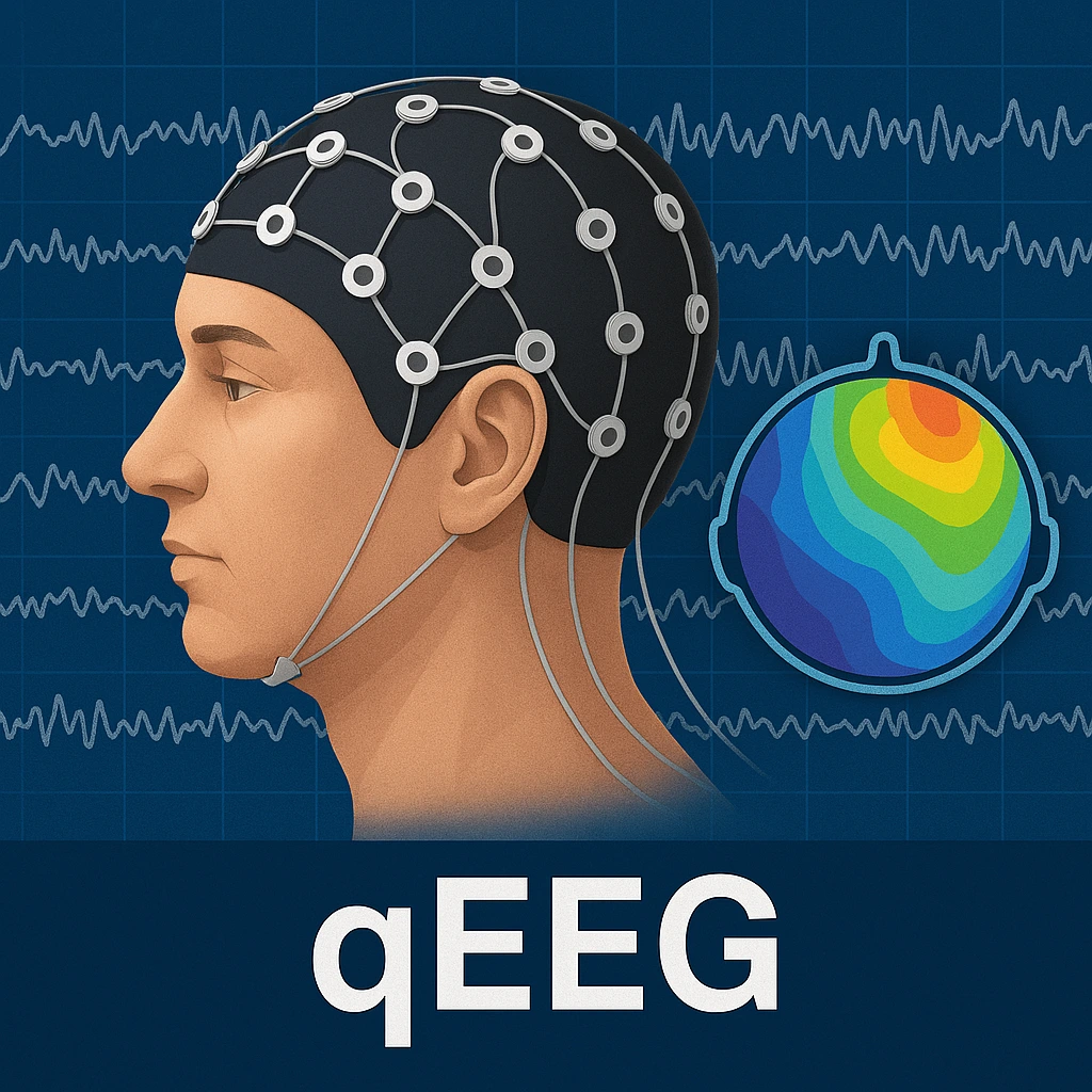 Ilustração exame qEEG - eletroencefalografia - parte da terapêutica Neurofeedback. Um jovem, com cerca de 30 anos, a fazer uma qEEG.