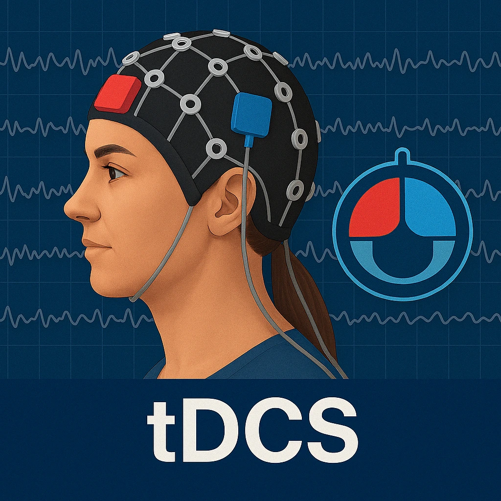 Ilustração terapêutica tDCS - Estimulação Transcraniana por Corrente Contínua. Uma mulher, com cerca de 25 anos, a fazer uma sessão de tDCS.