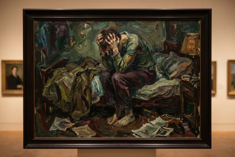 Crise de ansiedade representada de forma artística, numa pintura num museu. A pintura revela o desespero de um homem sentado na sua cama.