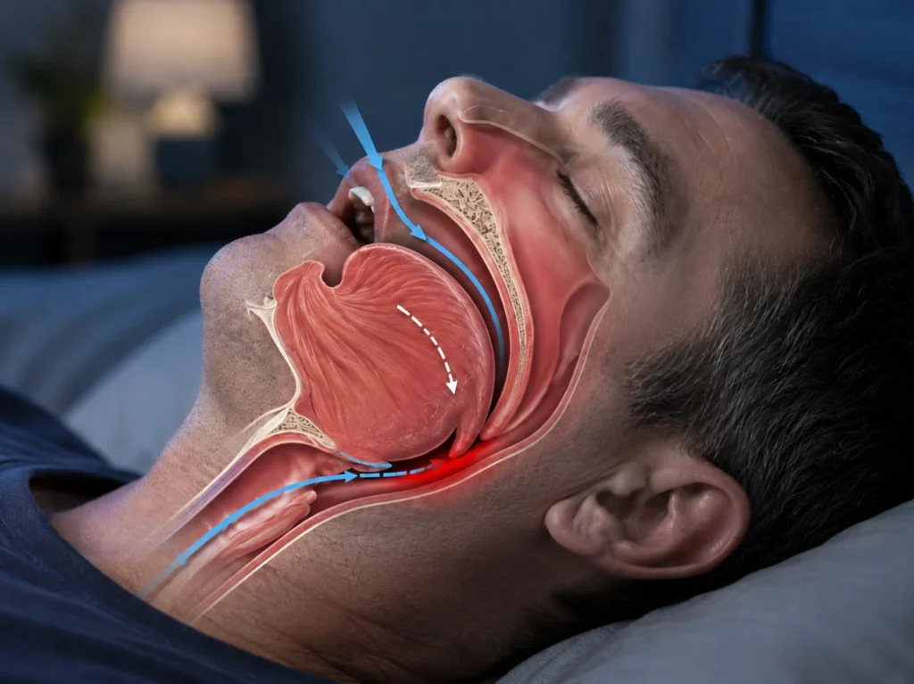 Ilustração médica da apneia do sono, em corte sagital, a mostrar a via aérea de um homem adormecido com apneia obstrutiva do sono: a língua relaxada colapsa para trás, bloqueando a passagem do ar na faringe, assinalada a vermelho. Setas azuis indicam o fluxo de ar obstruído.