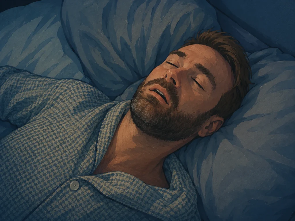 Ilustração de um homem a ressonar na cama, deitado de costas, com a boca aberta e os olhos fechados, sugerindo um episódio de apneia do sono ou ressonar profundo.
