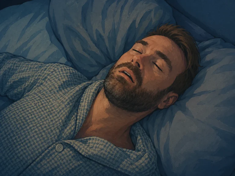 Ilustração de um homem a ressonar na cama, deitado de costas, com a boca aberta e os olhos fechados, sugerindo um episódio de apneia do sono ou ressonar profundo.