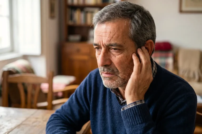 Homem português com visível expressão de desconforto, a tocar na orelha devido ao zumbido nos ouvidos (tinnitus). A expressão de dúvida indica não conhecer as causas do zumbido no ouvido.
