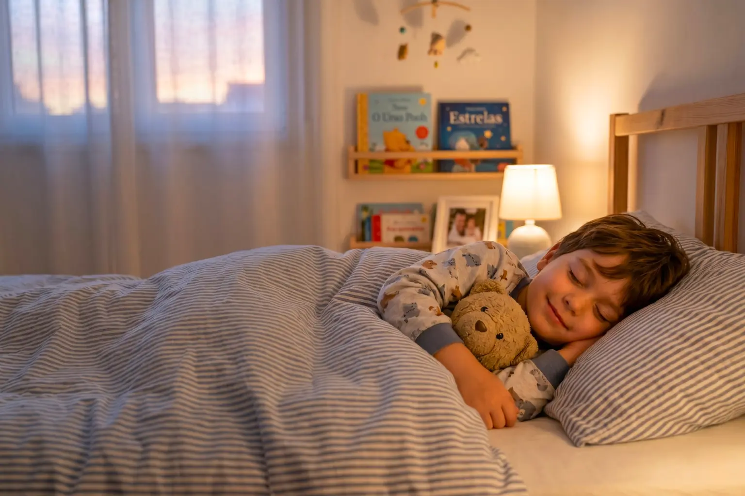 Uma criança de aproximadamente 5 anos dorme serenamente no seu quarto. Ela está deitada de lado, com um leve sorriso, abraçada a um urso de peluche castanho. O ambiente do quarto é acolhedor e iluminado por uma luz quente de um candeeiro de mesa aceso ao fundo.