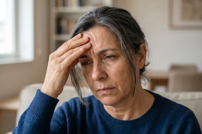 Mulher de meia-idade com a mão na testa expressando desconforto por dor de cabeça na testa e tensão facial.