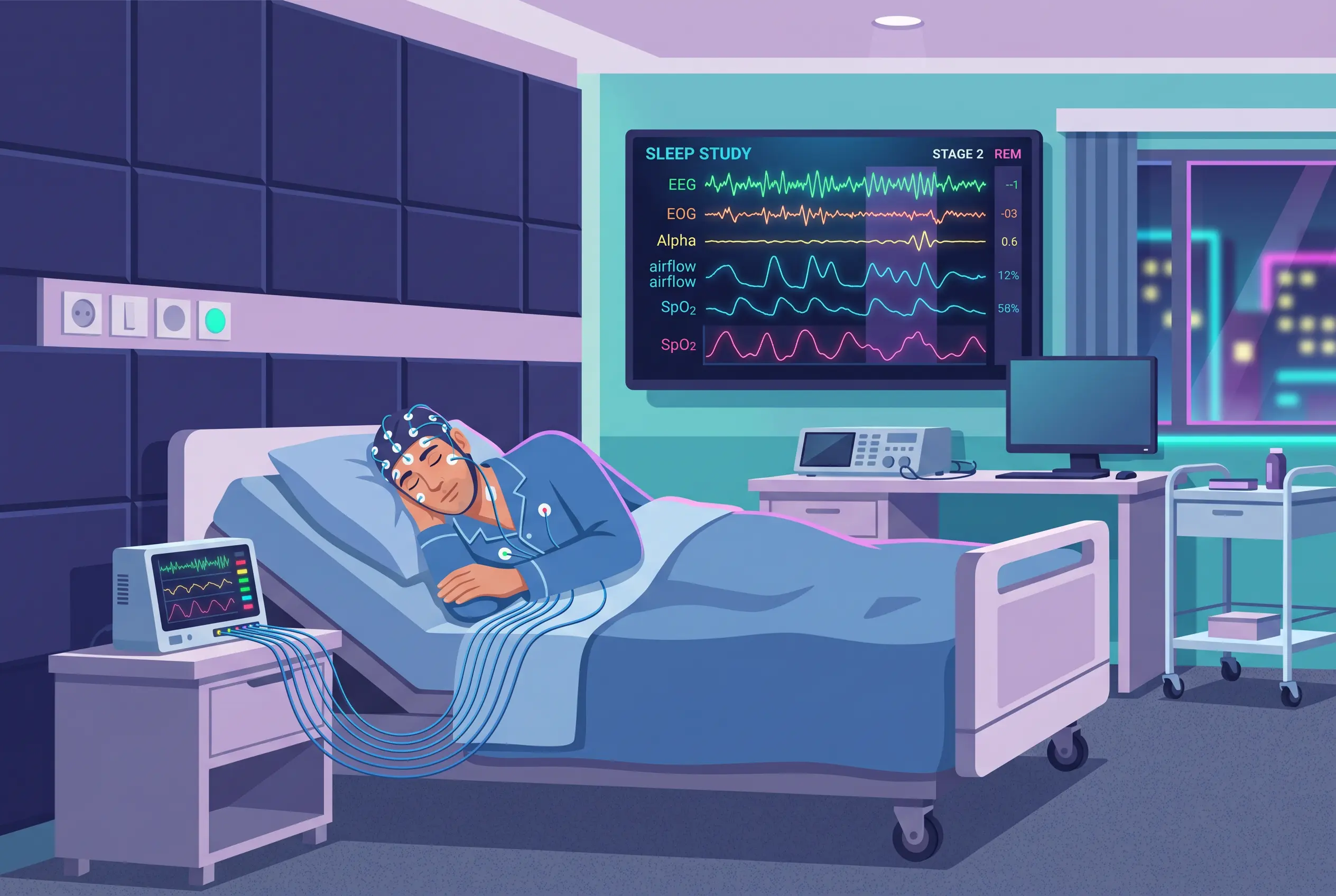 Homem a dormir em laboratório durante exame de polissonografia, rodeado por equipamentos médicos e gráficos digitais. Exame do sono realizado para o diagnóstico de problemas como a apneia do sono.
