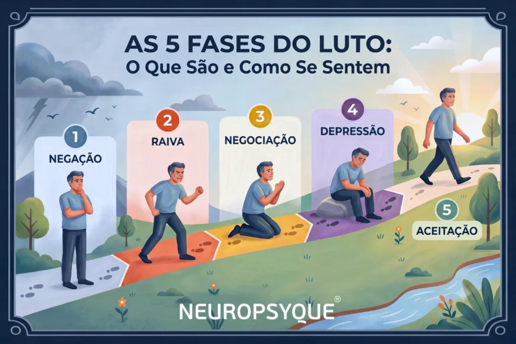 Infográfico ilustrado das cinco fases do luto — negação, raiva, negociação, depressão e aceitação — representadas através das diferentes expressões e posturas de um homem ao longo de um percurso emocional.
