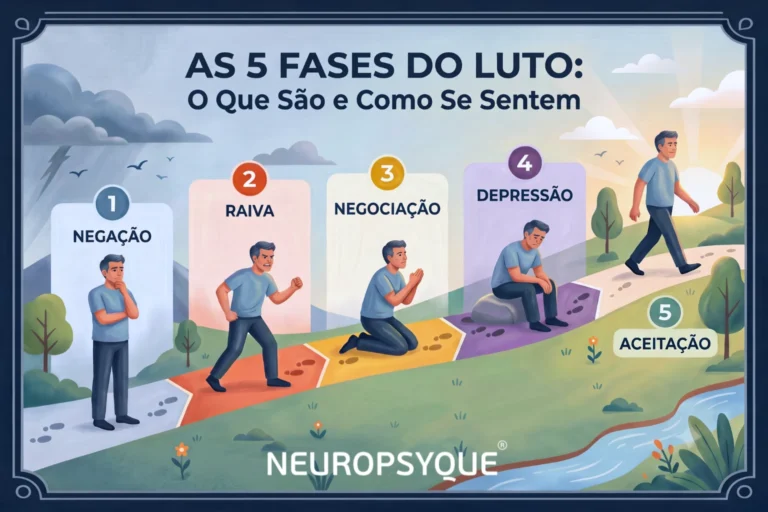 Infográfico ilustrado das cinco fases do luto — negação, raiva, negociação, depressão e aceitação — representadas através das diferentes expressões e posturas de um homem ao longo de um percurso emocional.