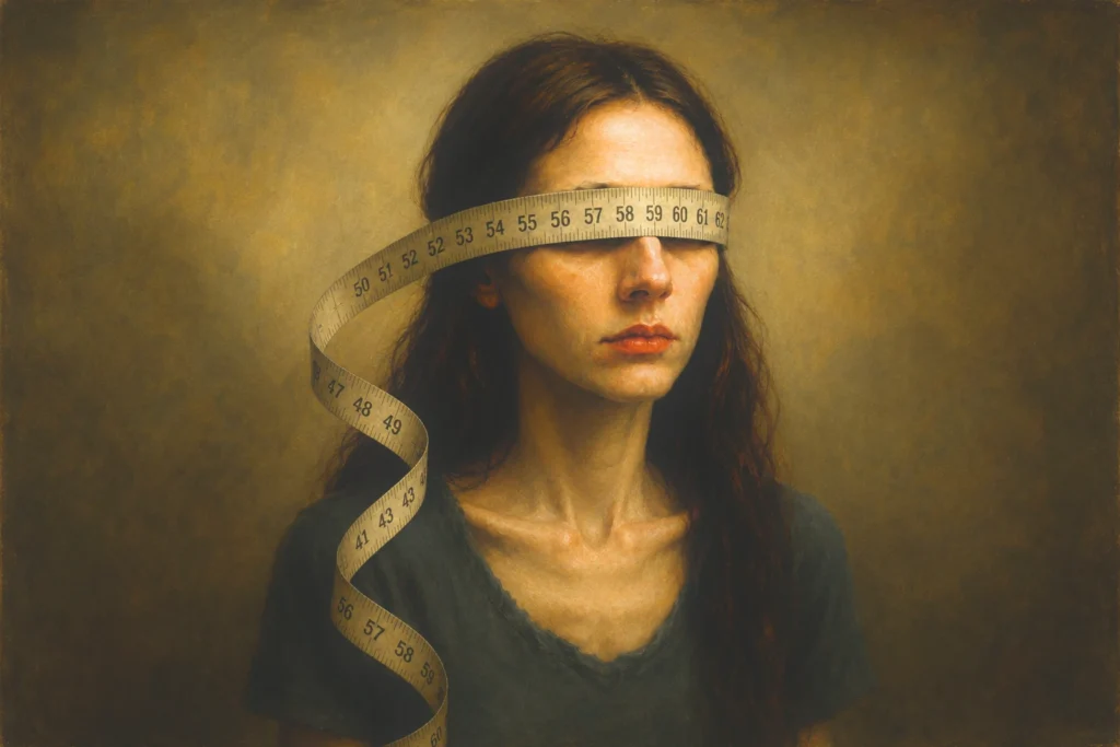 Mulher jovem com sinais de anorexia e fita métrica sobre os olhos, representando a preocupação com o peso e a necessidade de acompanhamento médico adequado (psiquiatria ou neuropsiquiatria) para tratar a anorexia.