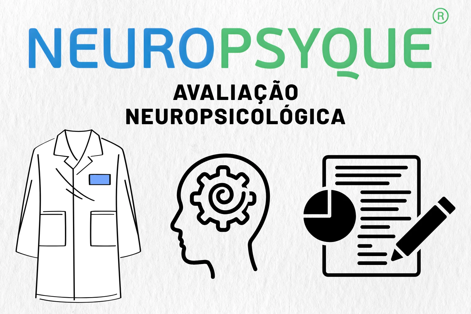 Ilustração sobre avaliação neuropsicológica na Clínica NeuroPsyque, com símbolos de psicologia, cognição e relatório clínico.