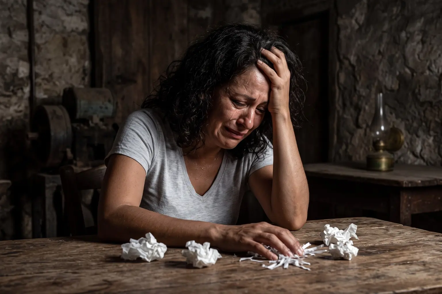 Uma mulher de meia-idade a ter uma crise de ansiedade, sentada a uma mesa de madeira num ambiente rústico e mal iluminado. Está a chorar, e em cima da mesa, à sua frente, estão vários pedaços de papel amassado e rasgado.