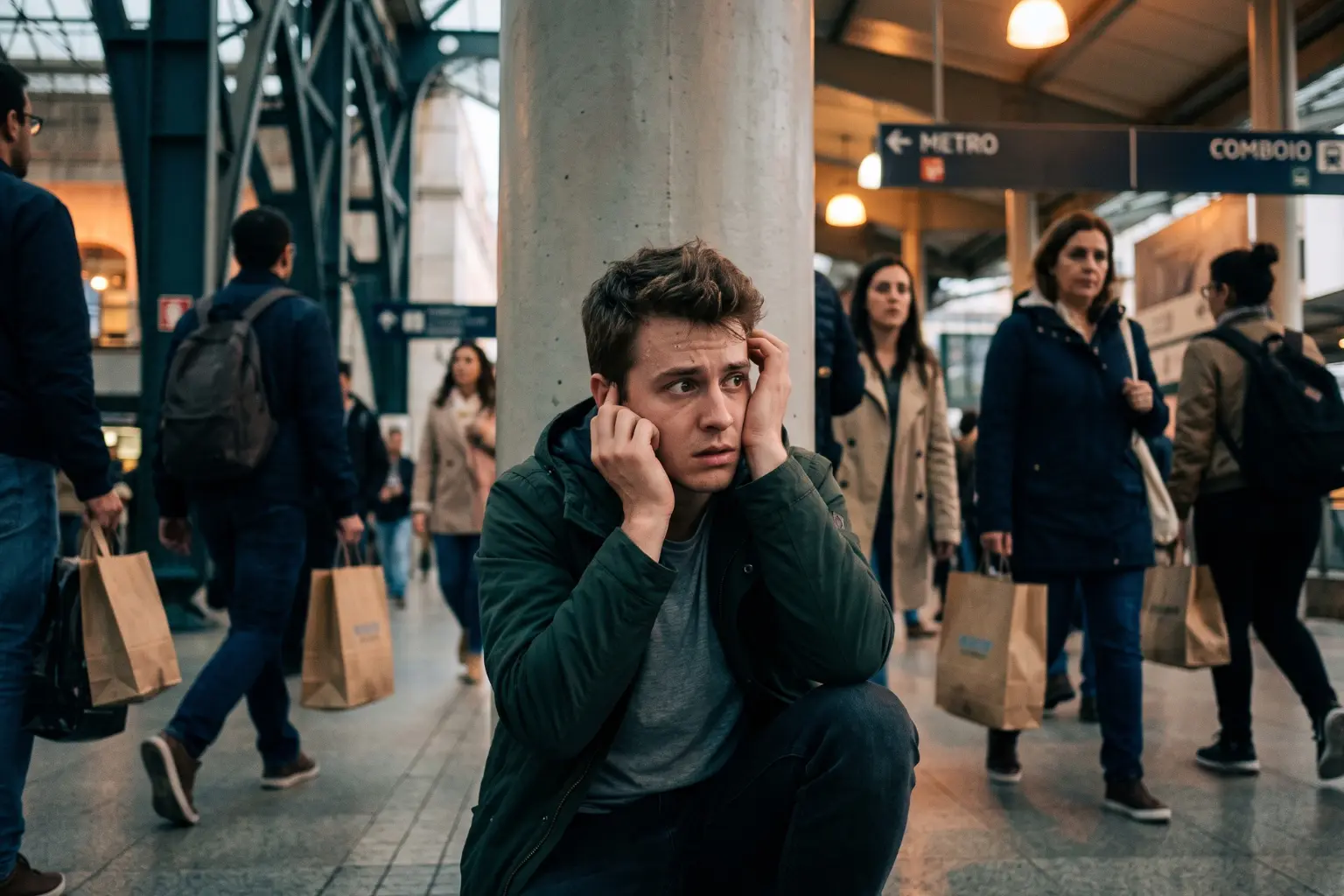 Homem jovem a ter um ataque de pânico, numa estação de comboio. Representação visual dos sintomas físicos e psicológicos de um ataque de pânico em público.