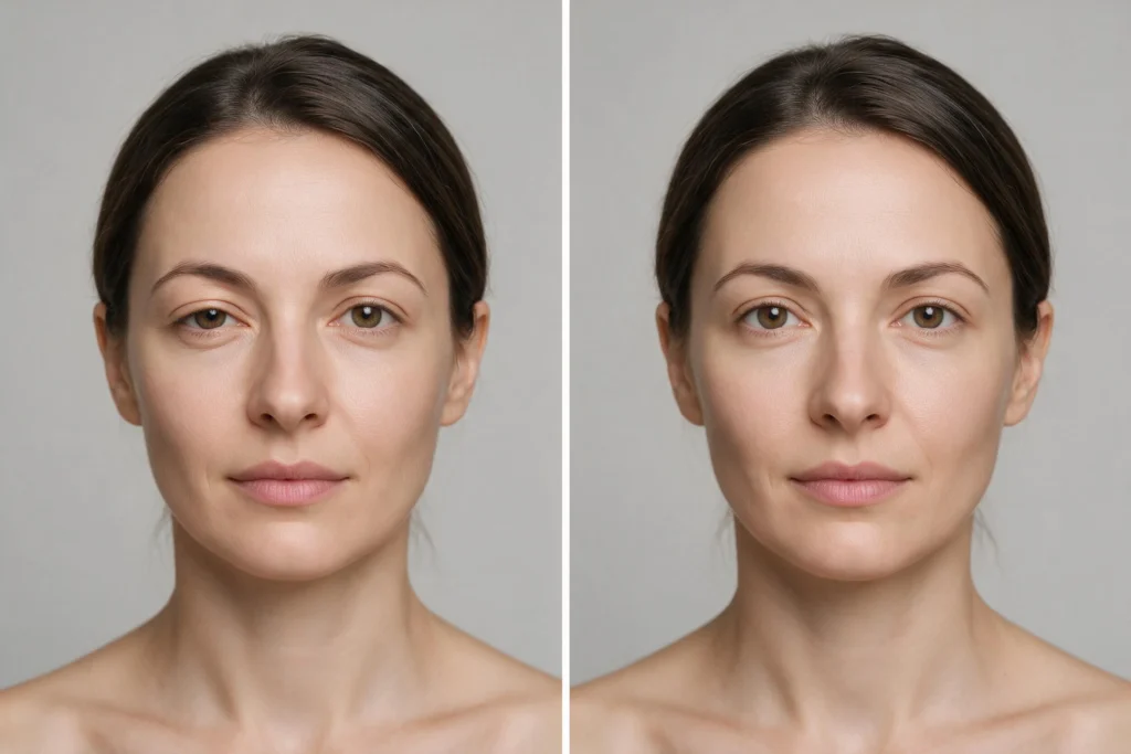 Comparação lado a lado do rosto de uma mulher com pálpebra caída (ptose) num dos olhos, do lado esquerdo, e com a pálpebra normal do lado direito.