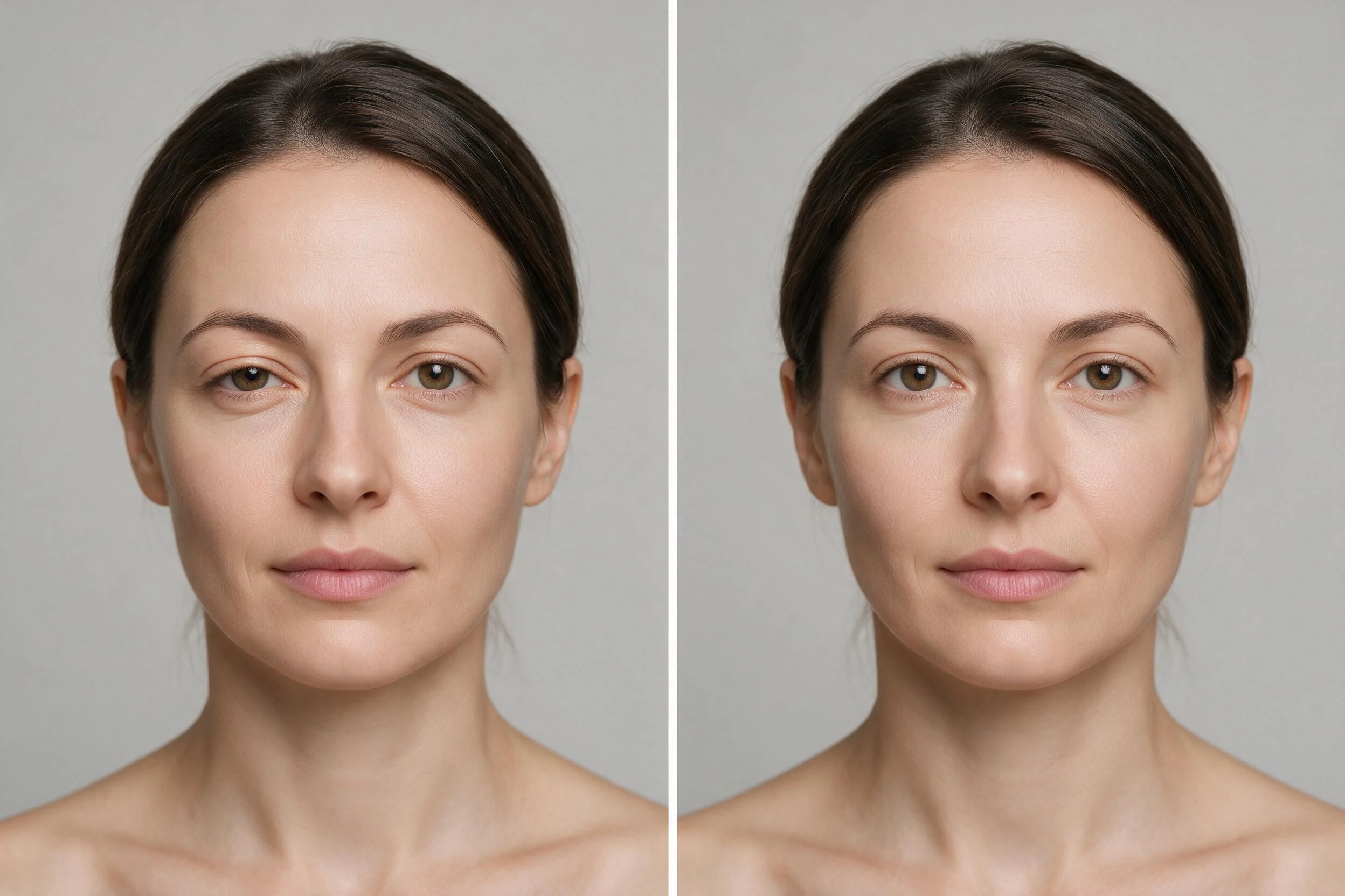 Comparação lado a lado do rosto de uma mulher com pálpebra caída (ptose) num dos olhos, do lado esquerdo, e com a pálpebra normal do lado direito.