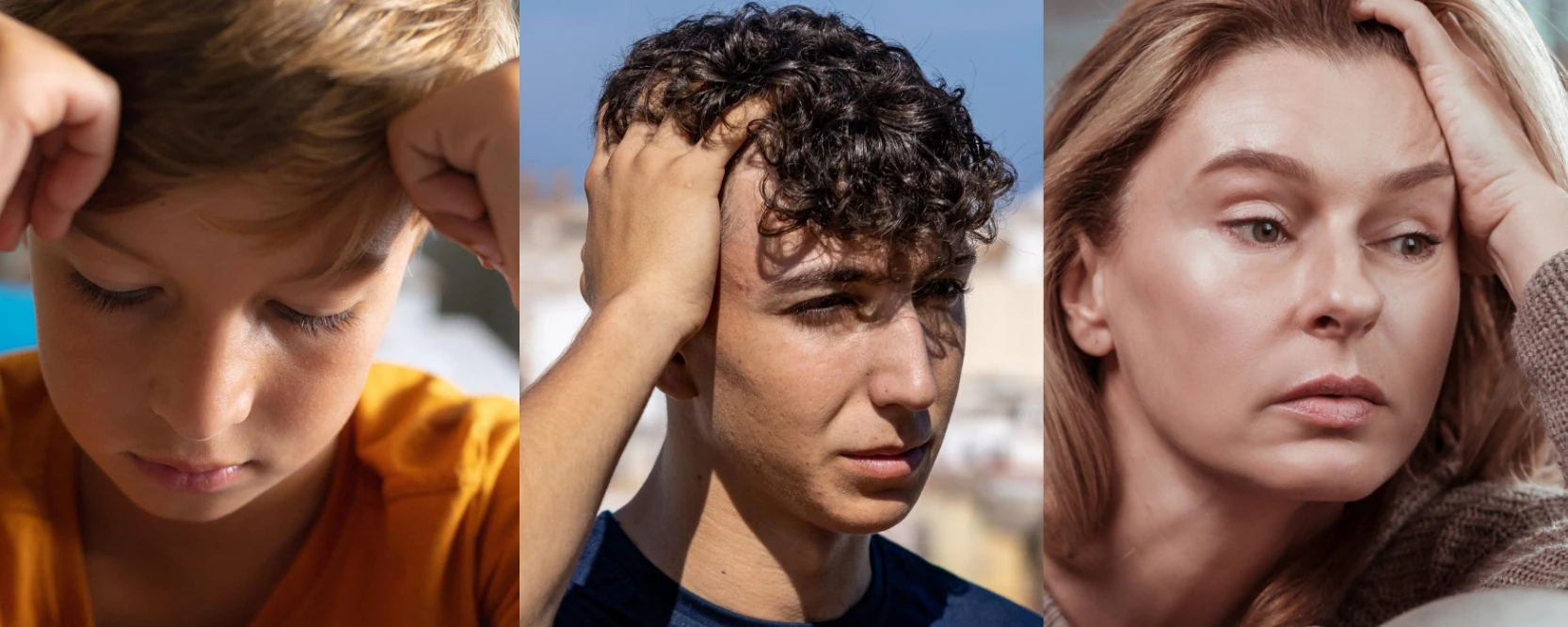 Criança, jovem adulto e mulher adulta representando diferentes perfis acompanhados em Psiquiatria, Psicologia e Neuropsicologia Clínica, em contextos de condições do sistema nervoso autónomo.