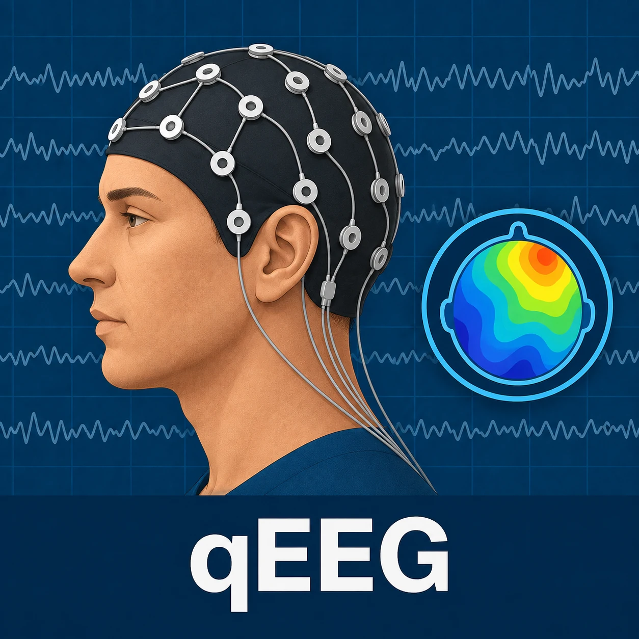 Ilustração de um mapeamento cerebral qEEG - Eletroencefalografia Quantitativa, usado em tratamenttos com Neurofeedback.