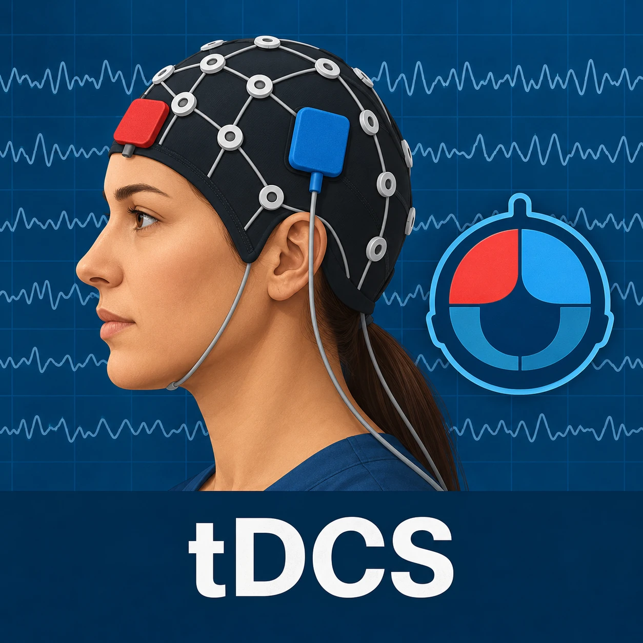 Ilustração de uma sessão de tDCS - Estimulação Elétrica Transcraniana, ou Estimulação Transcraniana por Corrente Contínua.