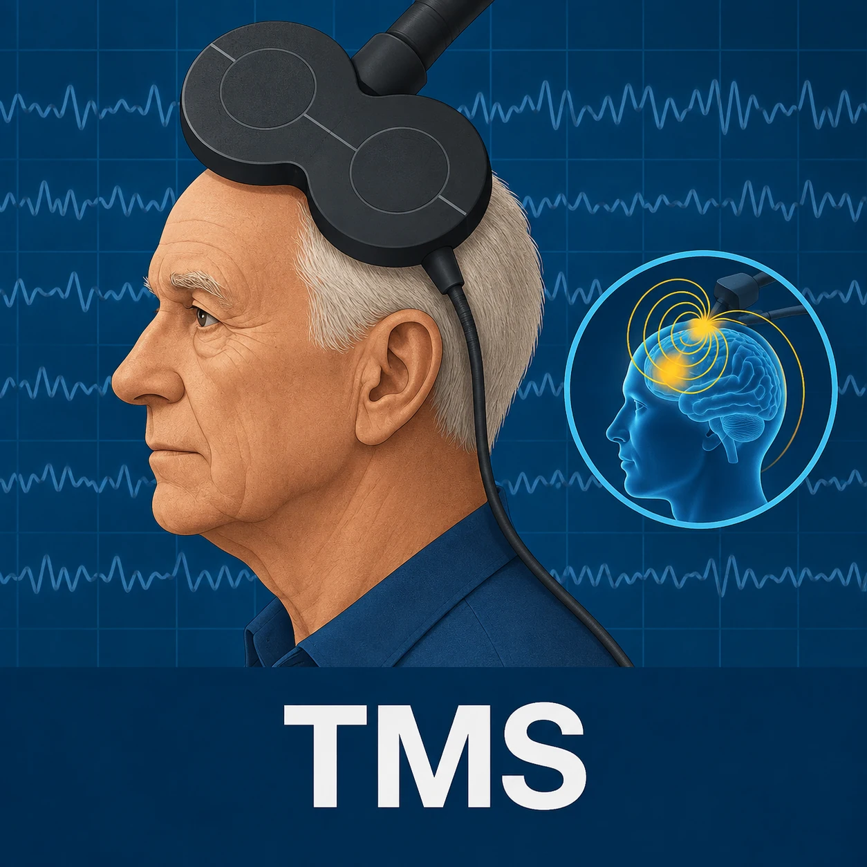 Ilustração de uma sessão de EMT / TMS - Estimulação Magnética Transcraniana.
