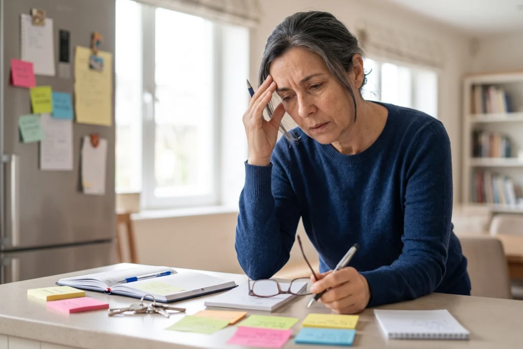 Mulher com a mão na testa, rodeada de notas autocolantes e agenda, a lidar com a névoa mental e os esquecimentos na menopausa.