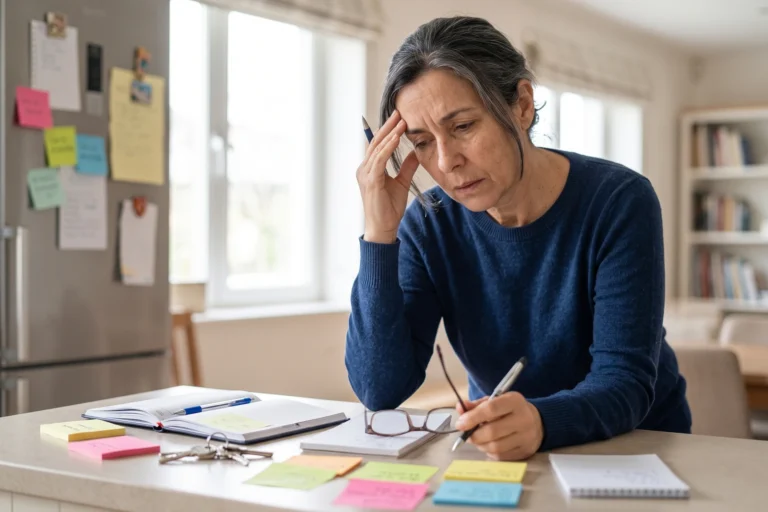 Mulher com a mão na testa, rodeada de notas autocolantes e agenda, a lidar com a névoa mental e os esquecimentos na menopausa.
