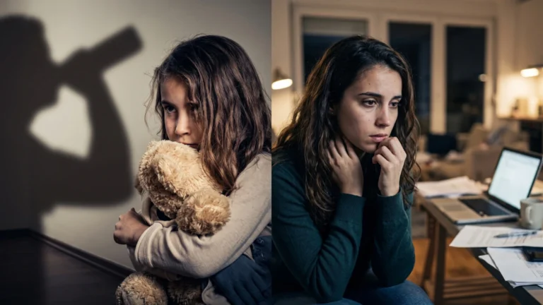 Trauma na infância: menina a abraçar um peluche junto à sombra de um adulto com uma garrafa, ao lado de uma mulher adulta pensativa.